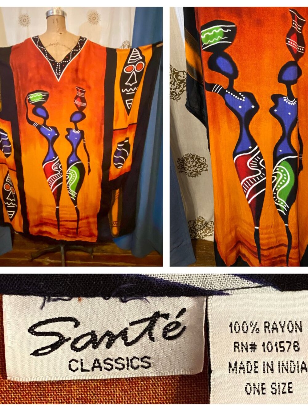 SANTE CLASSICS African Ethnic Boho Maxi Dress Caftan Beach Cover Up Hippy OS EUC
